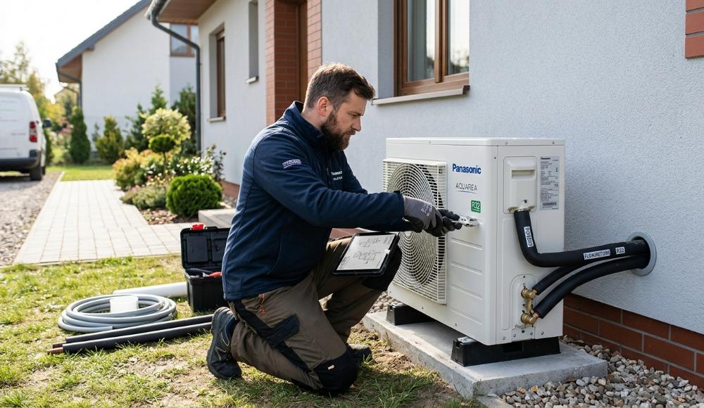 Instalator wykonujący montaż pompy ciepła